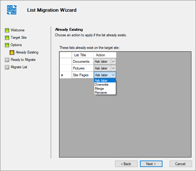 Define required action for migrated lists