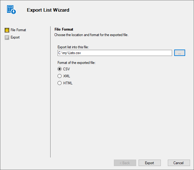 Export wizard in SharePoint Migrator