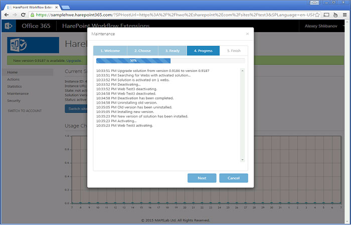 Solution upgrade progress in Workflow Extensions for SharePoint Online