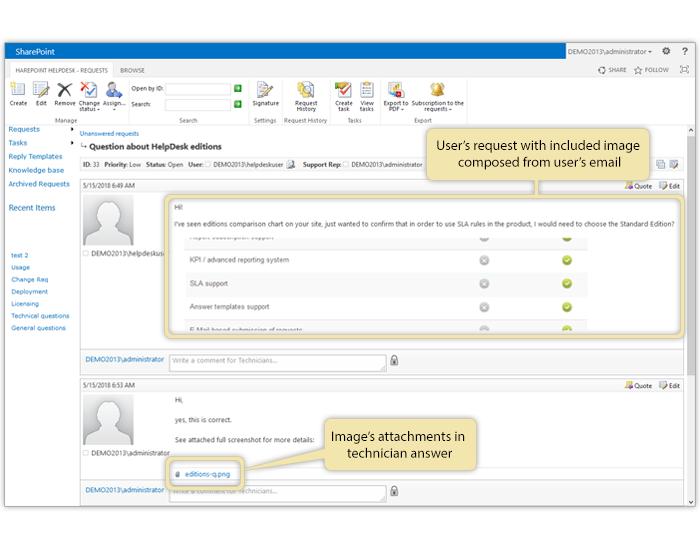 HarePoint HelpDesk request thread with included and attached images