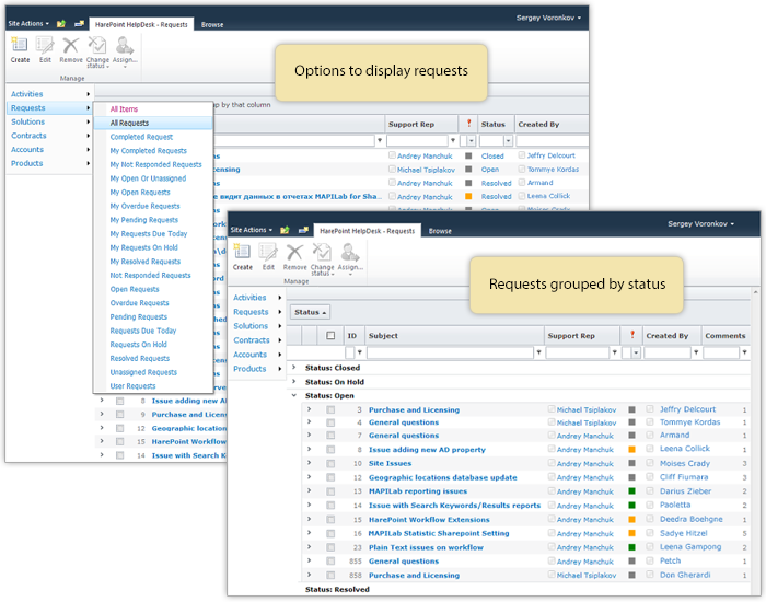 Requests filtering, grouping and sorting in HarePoint HelpDesk