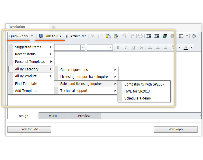 Quick reply templates and KB linking in HarePoint HelpDesk