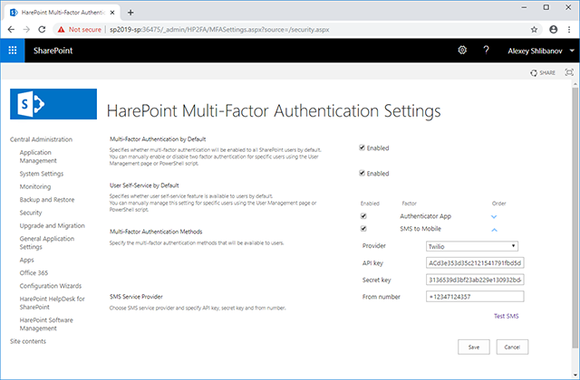 HarePoint multi-factor authentication settings