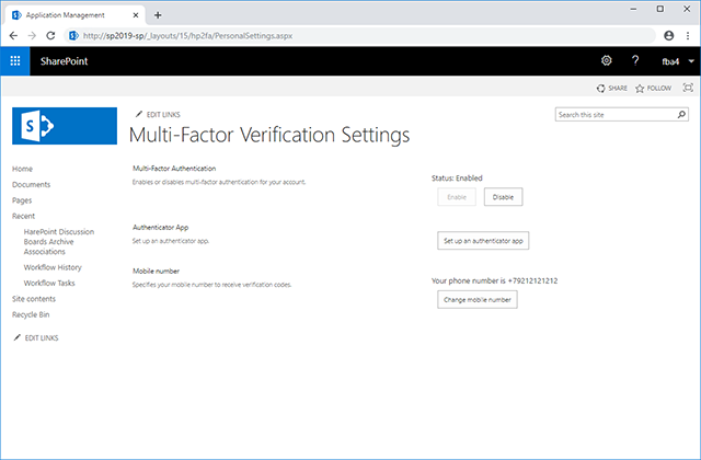 User's self-service page for two-factor authentication